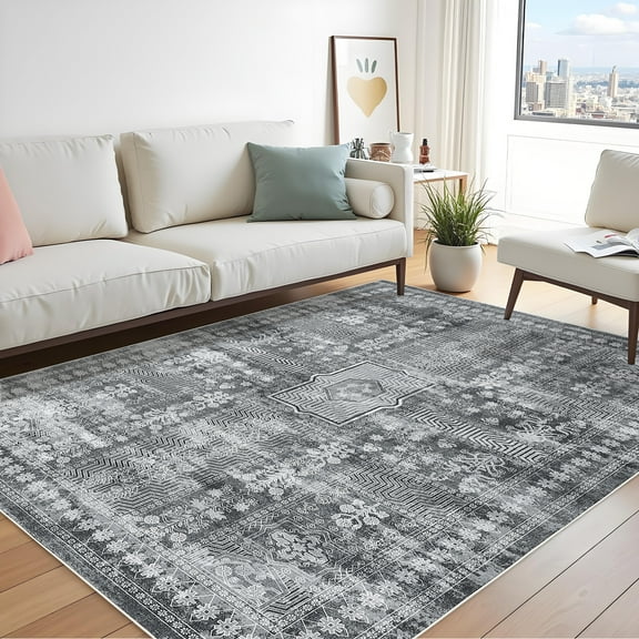 CuisinAid 10x13Ft Vintage Floral Area Rug, Washable Thin Carpet with Non-Slip Backing, Elegant Decorative Rug for Living Room, Bedroom, Office, Gray