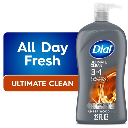 Dial Ultimate Clean 3-in-1 Men's Body Wash for Body, Hair & Face, Amber Wood Scent, 32 oz