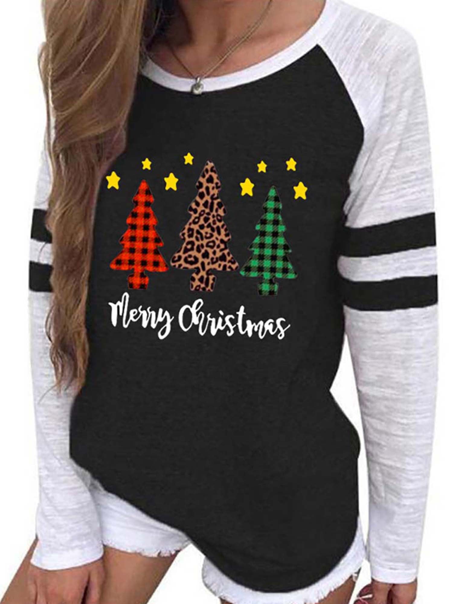 Xmas Shirt for Womens Christmas Printed O-Neck Long Sleeve Pullover Sweatshirt Tops Blouse Ladies Christmas Tops S-2XL 