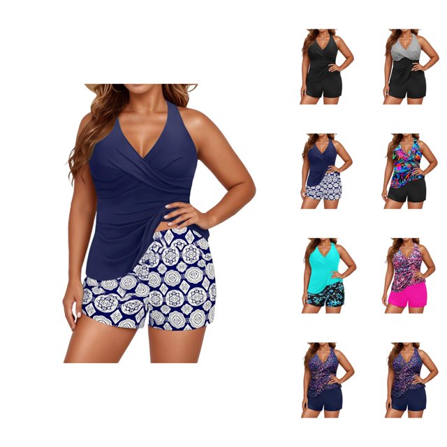 Womens Bathing Suits Tankini 2026 Casual Modest V Neck Crossover Top with Boy Shorts Two Piece Bathing Suits Woman