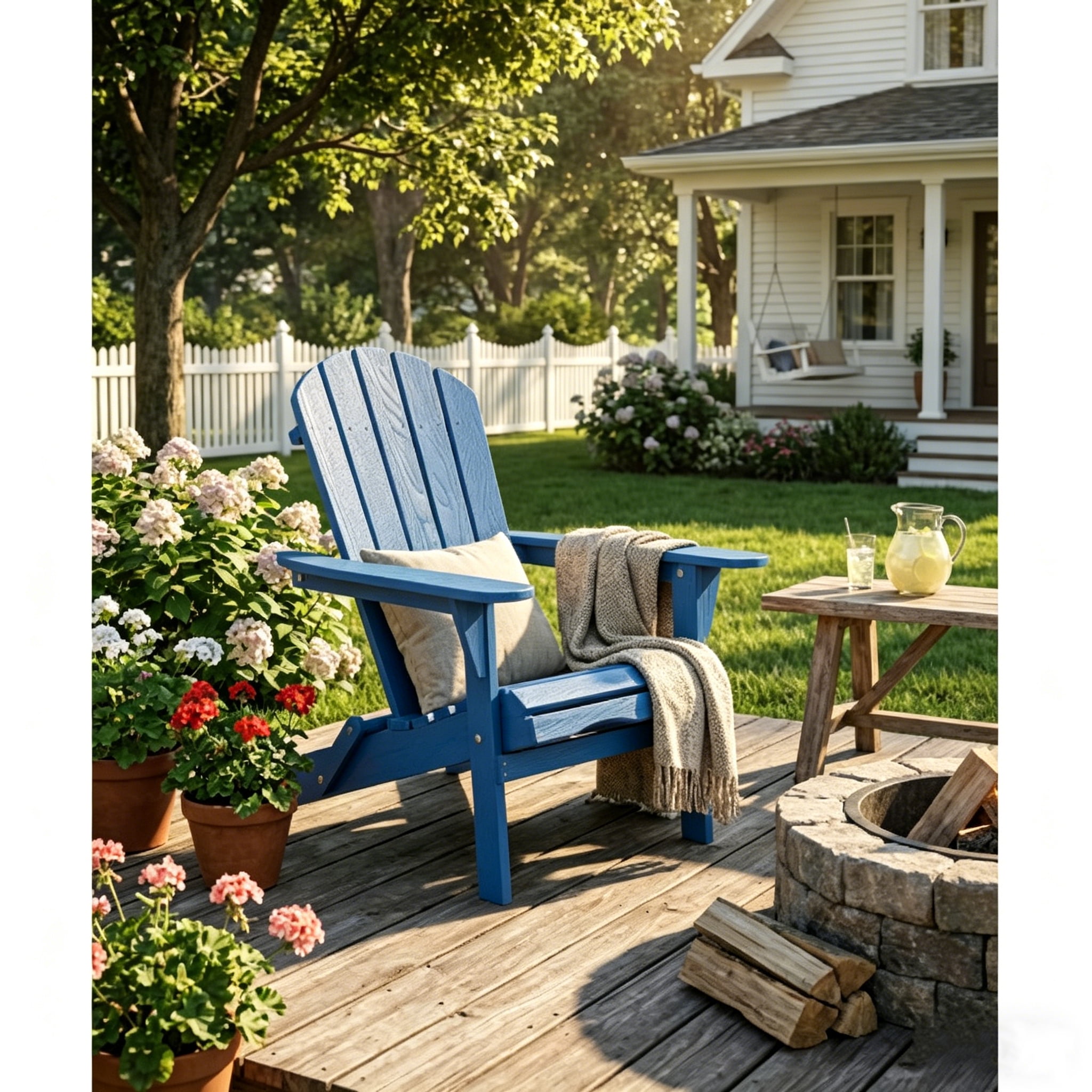 AISWORD Outdoor Folding Embossed Adirondack Chair, Pre-Assembled BackRest Wood Lounge Chair, Navy