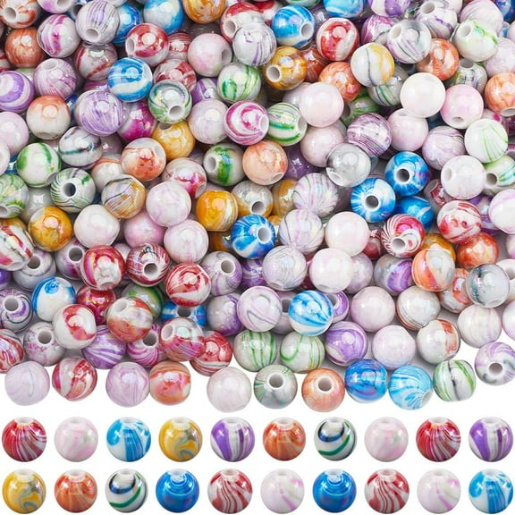 500Pcs Ink Pattern Beads 8mm AB Acrylic Beads Round Colorful Opaque Assorted Marble Swirls Smooth Ball Spacer Loose Bead for Jewelry Making Bracelets Necklaces Earrings Supplies DIY Crafts