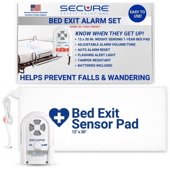 Secure Safety Solutions Bed Exit Alarm for Elderly Adults - 12x30 Long-Term Weight Sensing Pad, 80-120 dB Monitor - Fall Prevention for Seniors, Dementia Patients, Alerts Caregiver When They Get Up