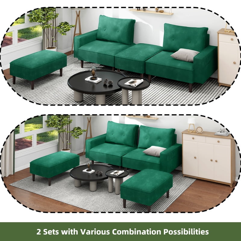 Uforic Small Modern Loveseat Couch Sofa , Modular Sectional Convertible Sofa with Ottoman, Velvet Fabric Flexible Combination Corner Couch for Living Room, Apartment, Green