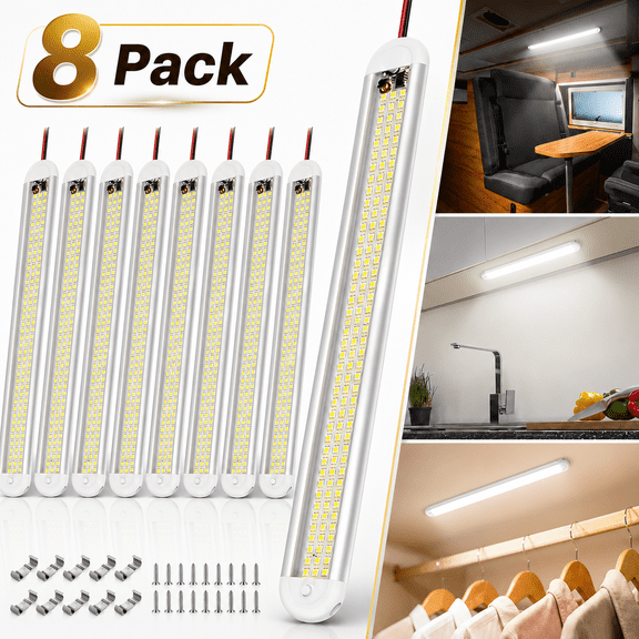Emlimny 8 Pack 12V LED Interior Light Bar - 120 LEDs, 1500LM, 8W with ON/Off Switch - for RV, Truck, Trailer, Van, Boat, Camper, Motorhome