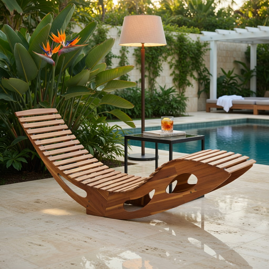 Hommoo Acacia Wood Rocking Chaise Lounge Chair, Ergonomic Curved Seat, Breathable Slatted Design, Outdoor Sun Lounger for Patio, Poolside & Backyard, Natural