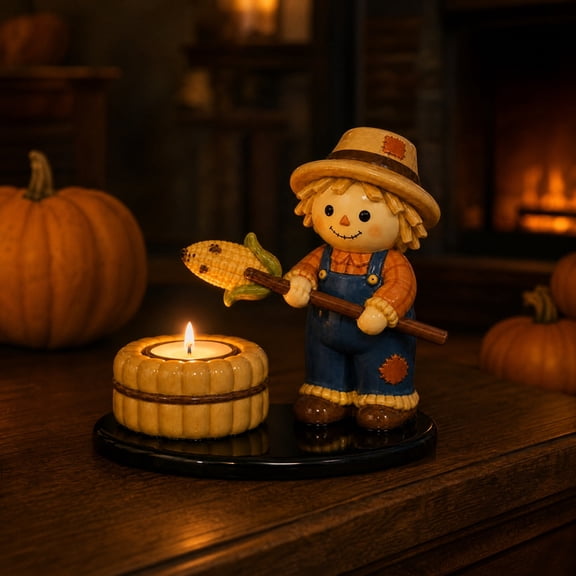 Resin Roasting Scarecrow Figurine Candle Statue, Halloween Tealight Candle Holder, Cute Campfire Themed Tealight Holder, for Farmhouse, Mantel, Tabletop, Home Decor