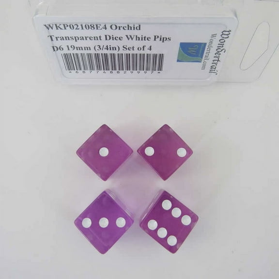 Orchid Transparent Dice with White Pips Square Corners D6 19mm (3/4in) Set of 4 Wondertrail