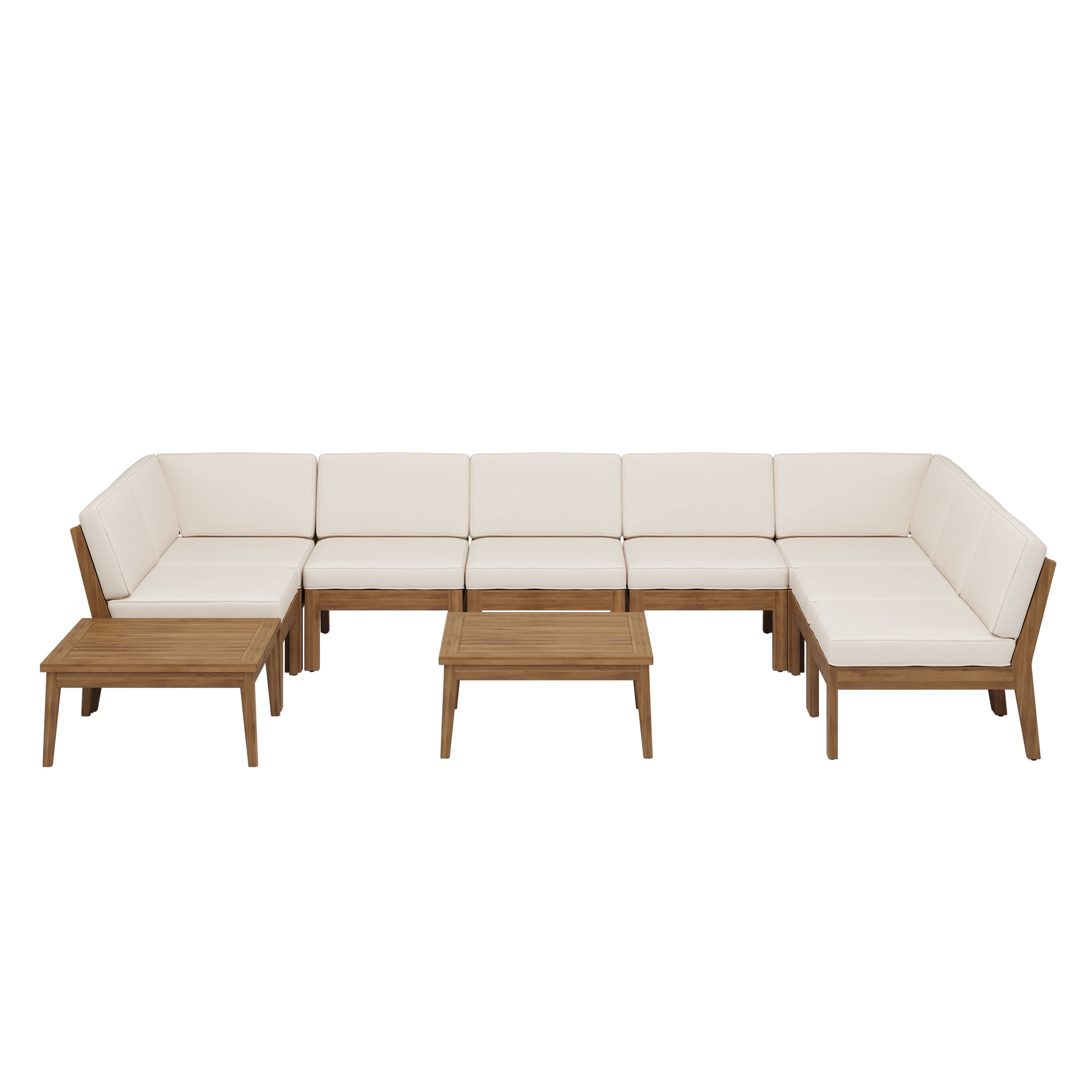 Christopher Knight Home 10-Piece Acacia Wood Outdoor Sectional Sofa Set with 2 Patio Coffee Tables, Beige Cushion