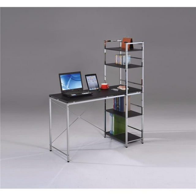 Benzara BM158748 Computer Desk with Shelves, Black & Chrome Silver
