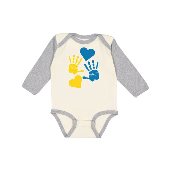 Inktastic Down Syndrome Awareness with Handprints and Hearts Blue and Yellow Boys or Girls Long Sleeve Baby Bodysuit