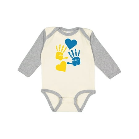 

Inktastic Down Syndrome Awareness with Handprints and Hearts Blue and Yellow Gift Baby Boy or Baby Girl Long Sleeve Bodysuit