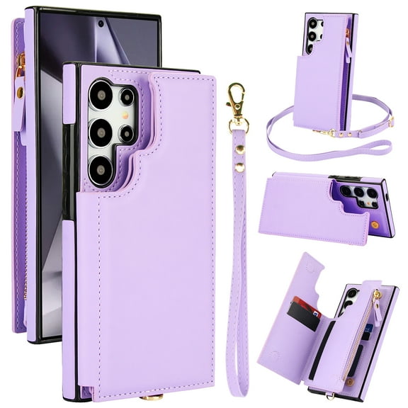 for Samsung Galaxy S24 Ultra Crossbody Wallet Phone Case with Card Holder&Zipper, Back Flip Folio PU Leather Kickstand Card Slots Double Magnetic Clasp Shockproof Case for Women Girls,Lightpurple