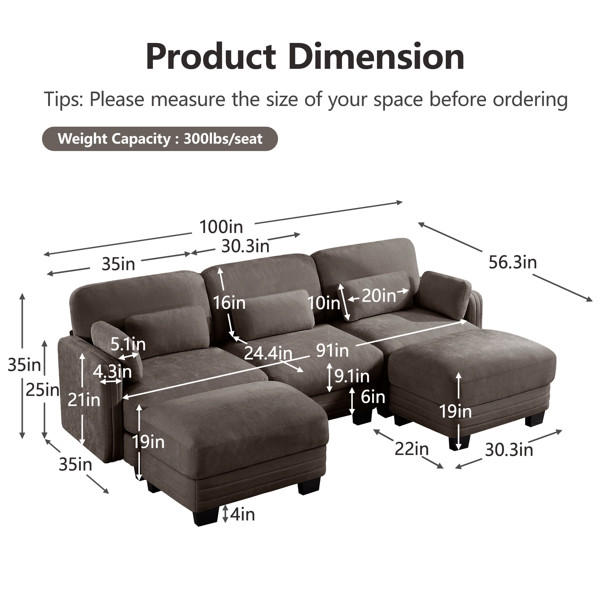 100" U-shaped Tufted Modern Modular Sectional 3 Seater Sofa Couch with 2 Ottomans and 5 Pillows