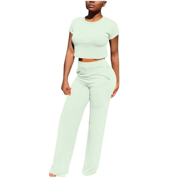 Njoeus Women's 2 Piece Outfits Short Sleeve Crop Tops Sweatsuit Yoga Lounge Long Pants Sweatpants Set with Pocket Casual Tracksuit