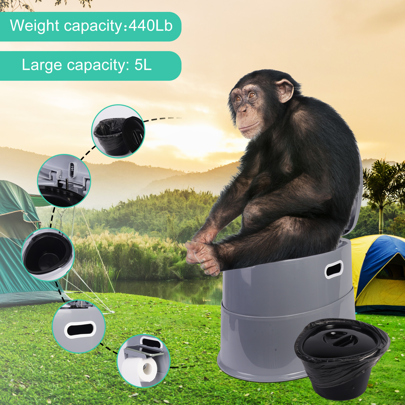 AEDILYS Portable Camping Toilet with Detachable Inner Bucket, 5.3