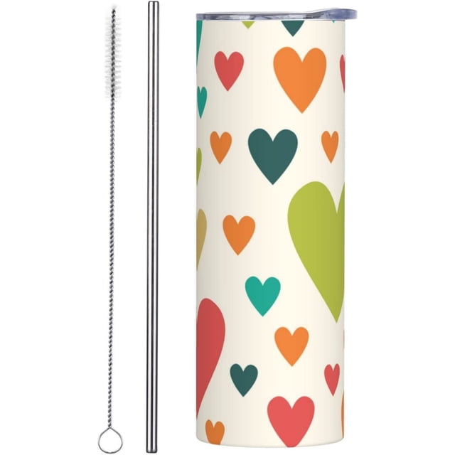 Gobelet Cœur Coloré avec Paille et Couvercle, Gobelet Réutilisable en Acier Inoxydable Isolé sous Vide de 20 OZ pour Café, Thé, Boissons, Voyage pour Voiture