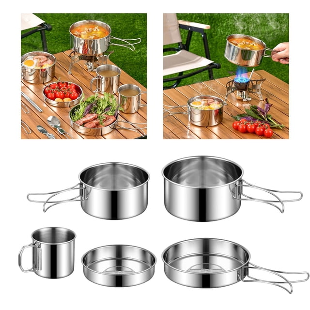 Olla de Camping, utensilios de cocina para acampar, cacerola con mango ergonómico, olla de cocina, olla para el hogar, senderismo, restaurante al aire , 5 piezas 5 piezas incluyen taza de 7 cm Macarena Olla de cocina