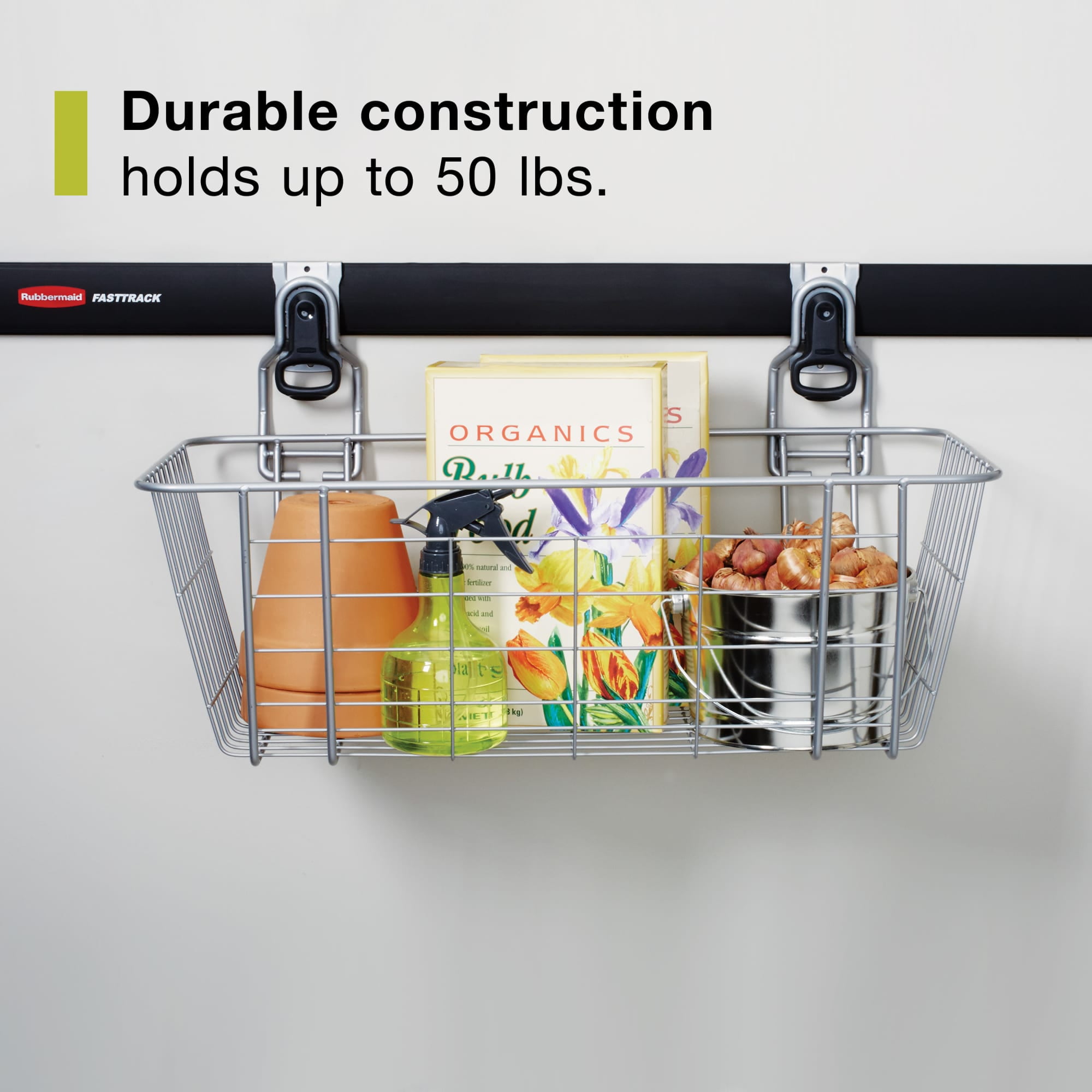 Rubbermaid Garage FastTrack Rail 24 in. Wire Basket, Storage Organizer, Satin Nickel