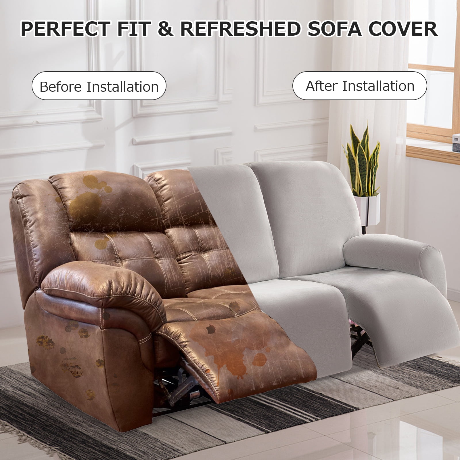 TOPCHANCES 3 Seats Recliner Sofa Slipcover, 8 Pieces Recliner Cover with Side Pocket, Non-Slip 3 Cushion Couch Cover Furniture Protector, Silver Gray