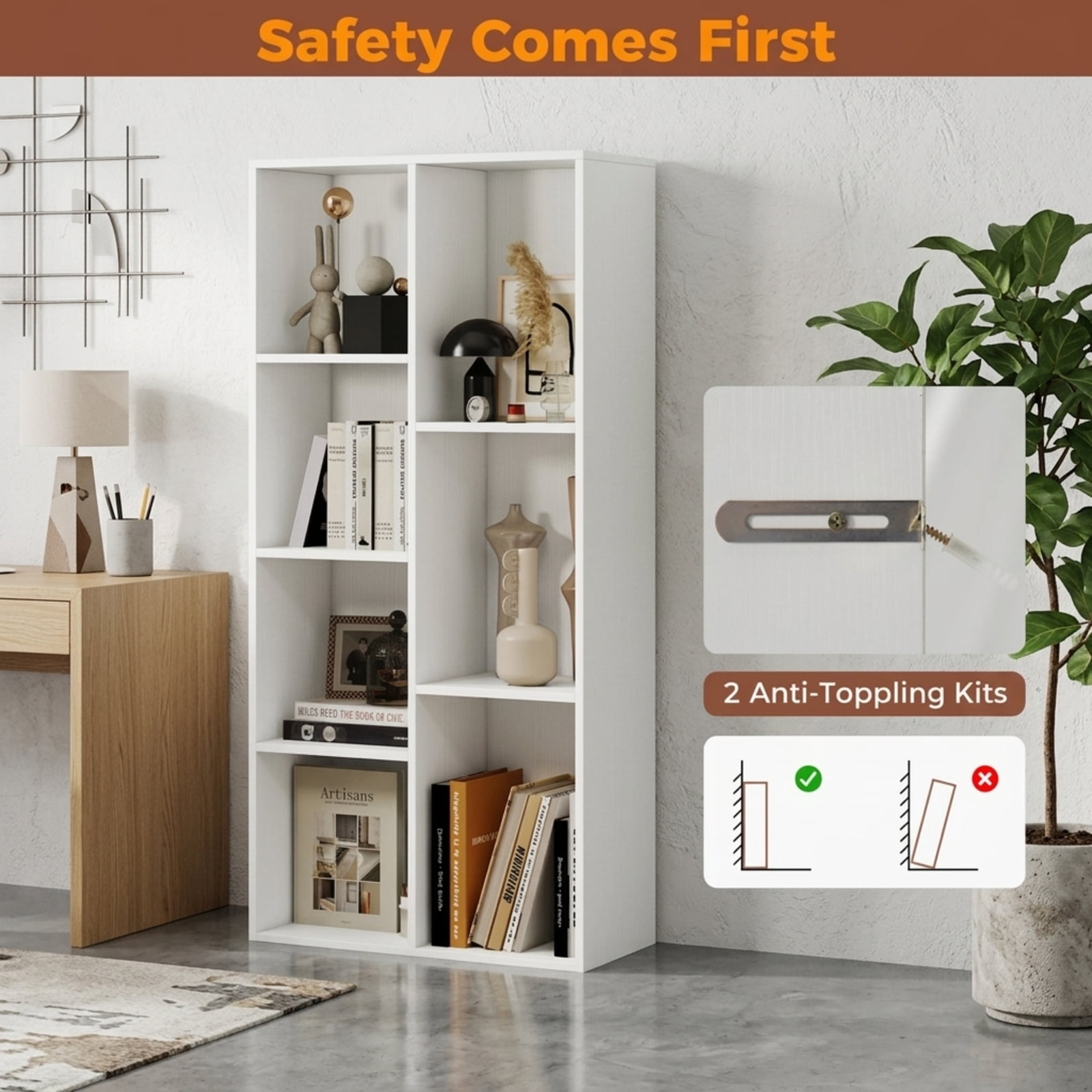 Furnibear Vertical or Horizontal Freestanding Bookshelf with 7 Compartments and Anti-Tipping Kits for Living Room Bedroom, White