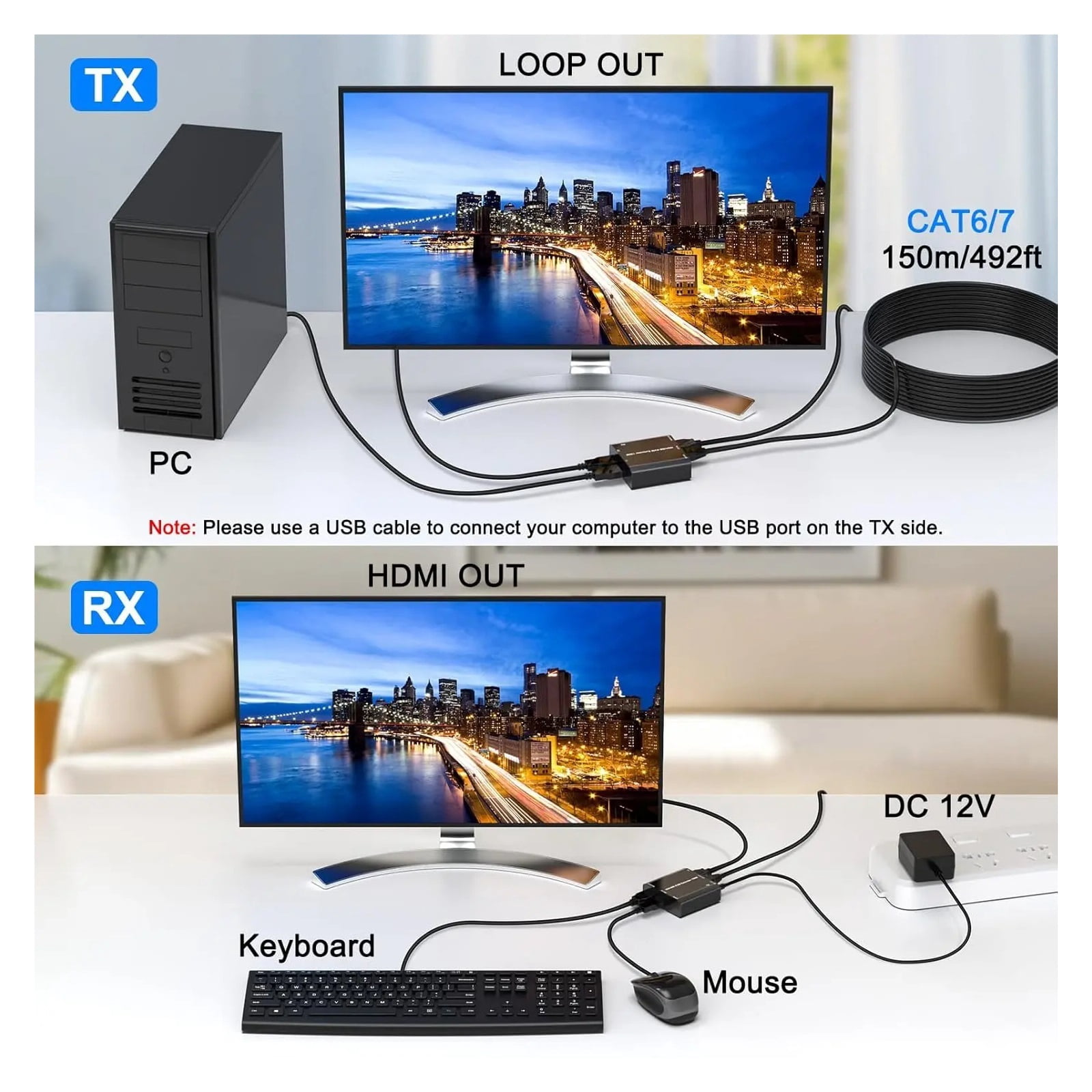 USB KVM Extender Over Cat 6/7 1080P@60Hz KVM Extender 150M/492FT
