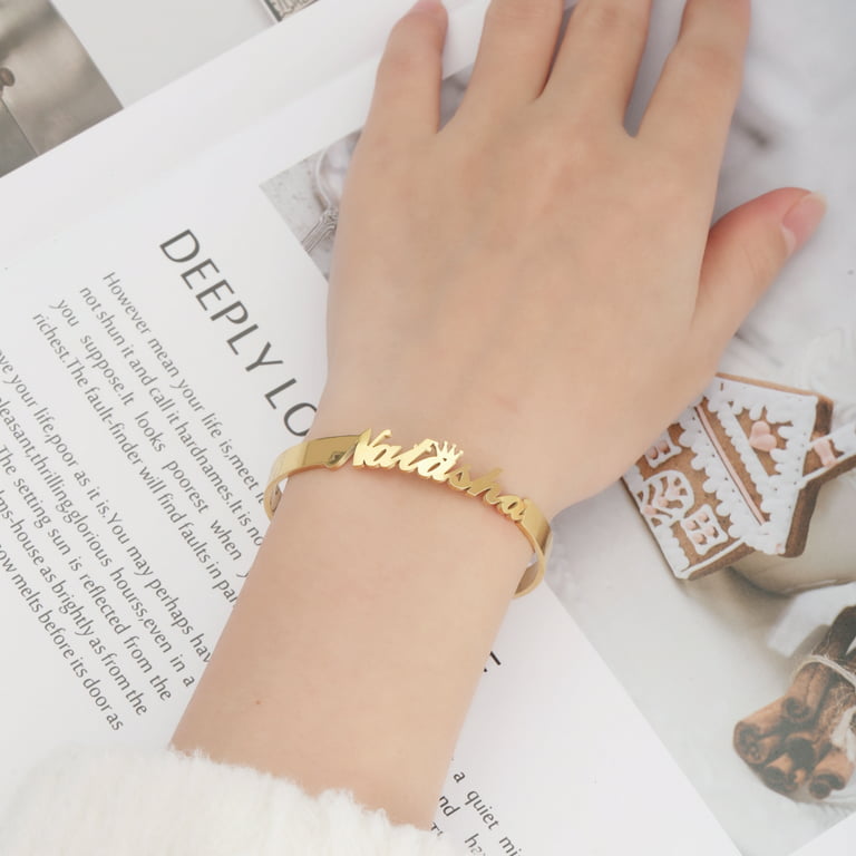 Vakki Custom Stainless Steel Name Bracelets Personalized Crown Name Cuff Bangle  Bracelet 18K Gold Plated Customized Jewelry Gifts