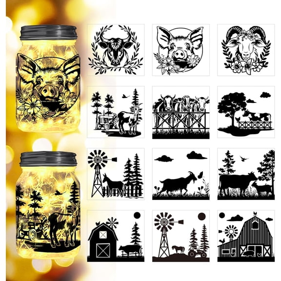 1Set Animal Life on The Farm Silhouette Cutouts for Jars Mason Can Glass Wishing Bottle Decor(No Stickers) 12Pcs Reusable Silhouette Lantern DIY Craft Kit Jar Decals Art Mural Home Garden
