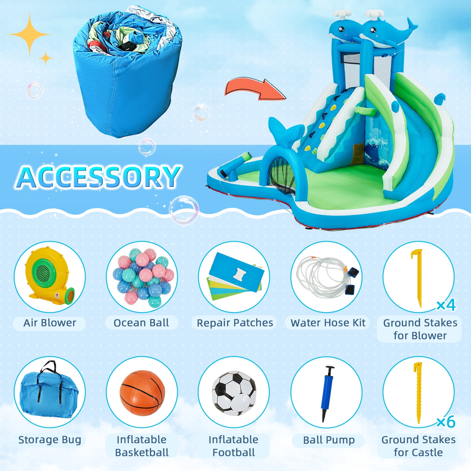 EROMMY Inflatable Water Slide, 6-in-1 Whale Outdoor Bounce House for Kids Aged 3-10 with Water Cannon, Climbing Wall, Basketball Hoop, Soccer Goal, Storage Bag, 480W Blower