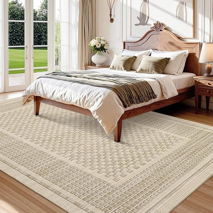 Washable Living Room Rug 5x7 Checkered Waffle Print Area Rug Non Slip Carpet Soft Non Shedding Low Pile Thin Stain Resistant Throw Rugs for Dining Room Office