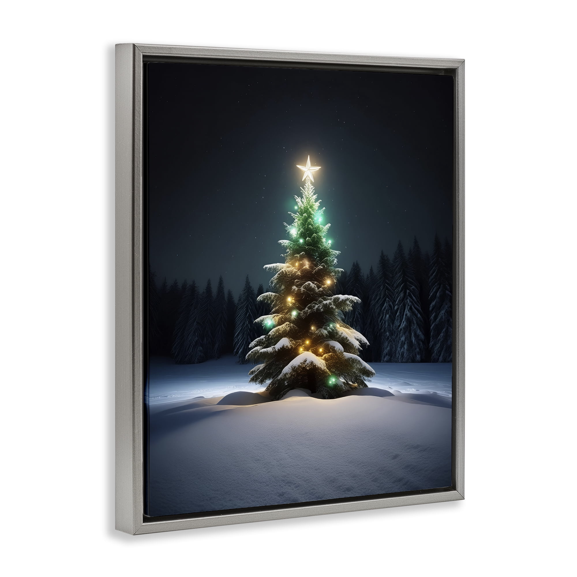 Stupell Industries Clear Night Snowy Tree Holiday Photography Gray Floater Framed Canvas Art Prints Wall Art, 17 x 21