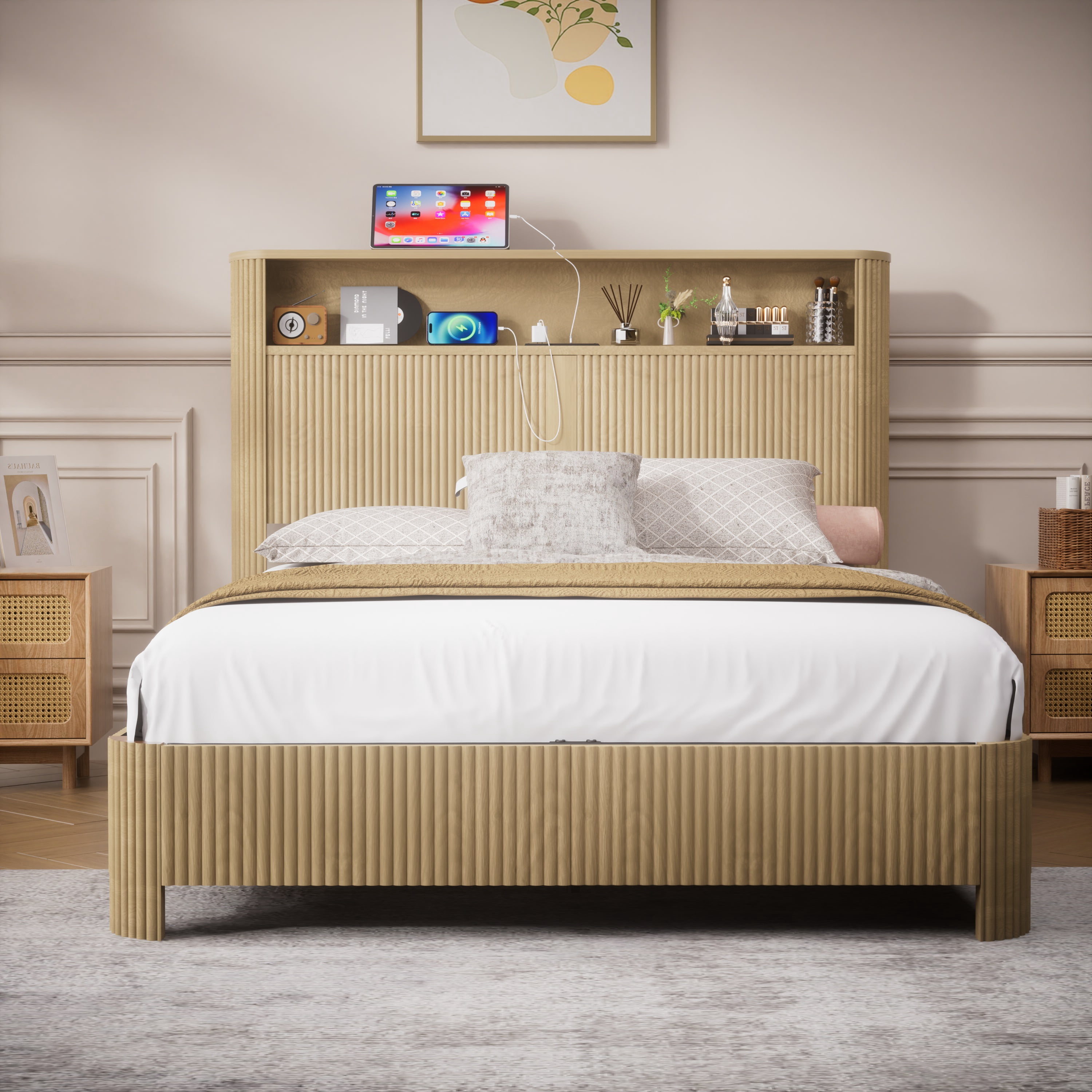 Full XL Bed Frame,Natural Finish Wavy Curved Platform Bed with Storage Headboard,Built-in Charging Station,Silent Metal Support Structure