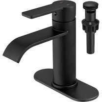 Matte Black Waterfall Bathroom Faucet, Single Handle 1 or 3 Hole Modern Sink Faucet with Deck Plate & Pop-Up Drain, RV Camper Washbasin Tap