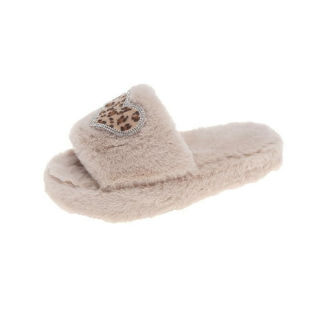 

Pgeraug slippers for women Fashion Leopard Print Rhinestone Love Plush Shoes Thick-soled Cotton Slippers Women Shoes Khaki 36-37