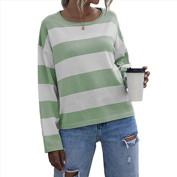 Camisas de Larga para Mujer, Blusas Casuales Holgadas A Rayas, Suéteres de Punto Verde M