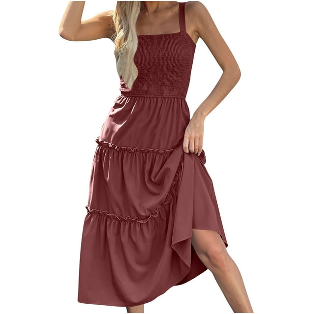 Timegard Robes d'Été pour Femmes Sans Manches à Volants Col Carré Couleur Unie Robe d'Été de Plage Décontractée Smockée
