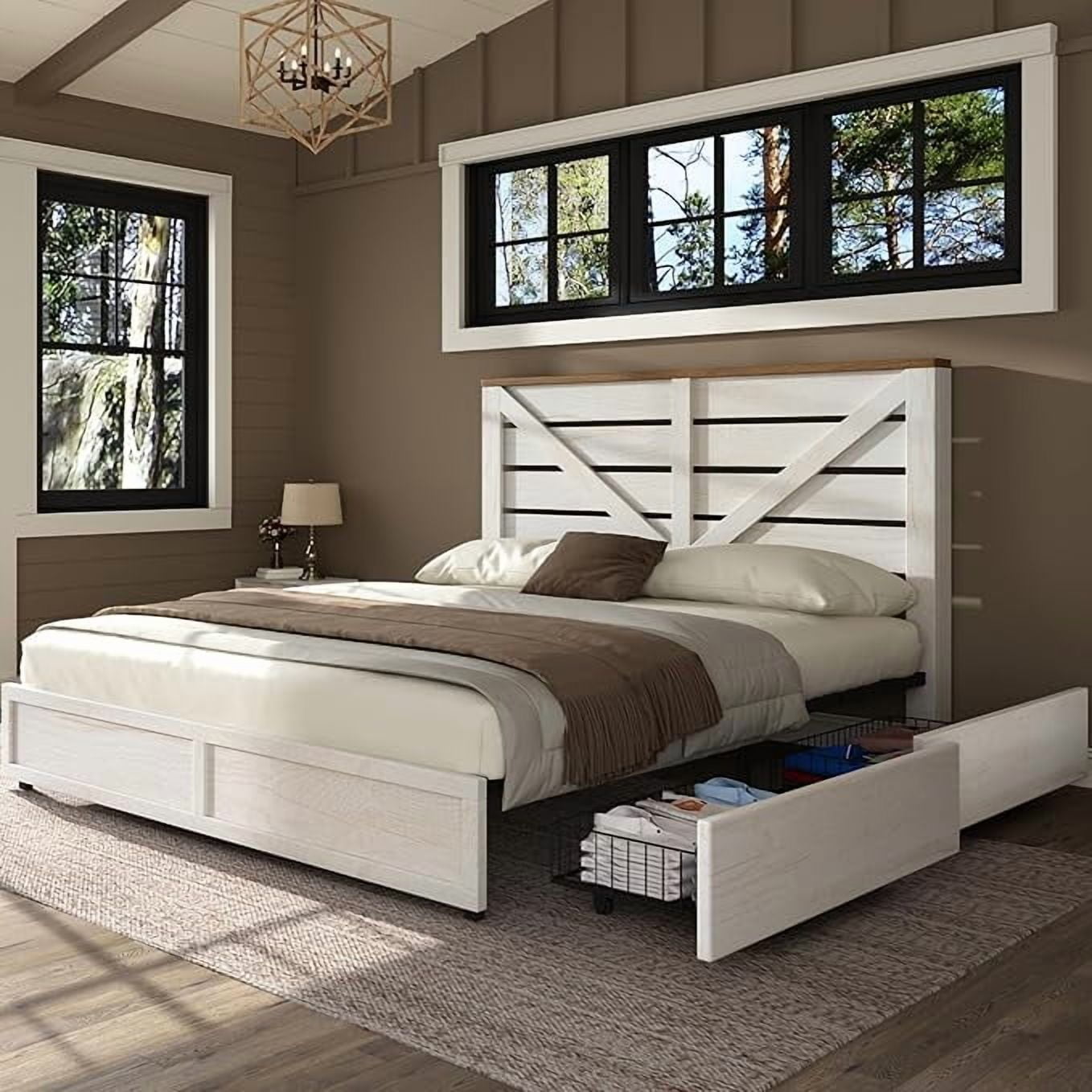 Merluxy Full Size Farmhouse Bed Frame with Headboard, Wooden Storage Bedroom Furniture, White