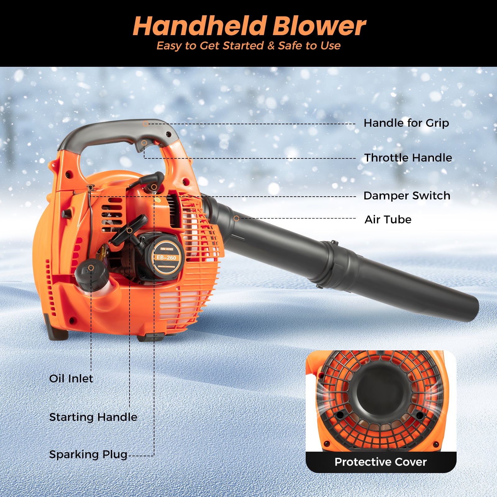 25.4CC 2-Stroke Gas Powered Leaf Blower with Reinforced Handle, Low Noise, 7000Rpm, Handheld Grass Blower for Snow Removal