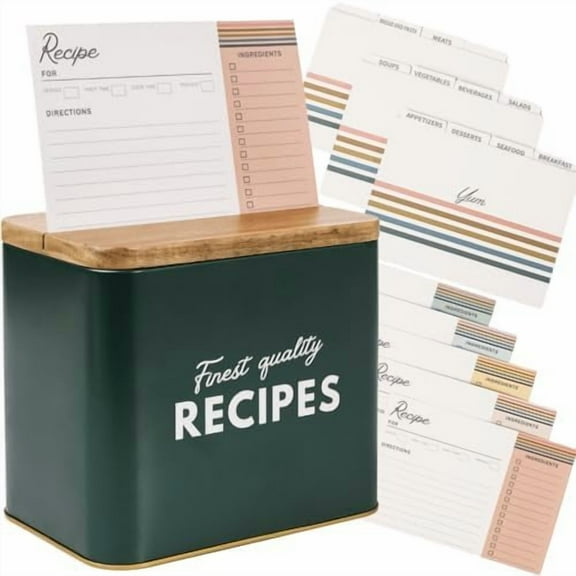 Recipe Box with Cards and Dividers | Recipe Cards and Box Set | Green Recipe Card Box with Vintage Lettering and Acacia Wood Lid | 50 Card and 12 Dividers in Boho Colors | Recipe Tin