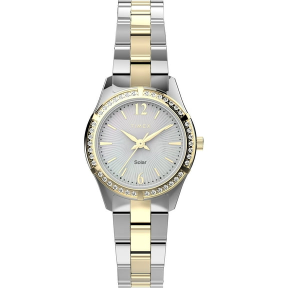 Timex Women's Solar Premium Dress 28mm Watch – Two-Tone Case Silver-Tone Dial with Two-Tone Stainless Steel Bracelet