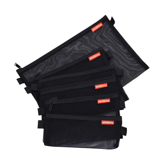 5 Pack Mesh Zipper Pouches with Label Pocket, Organizer Zipper File Bags, Black Multiple sizes