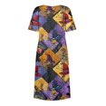 thumbnail image 6 of Women's Halloween Print Round Neck Dress with Pockets Short Sleeve Loose Midi Casual Dress for Women Fall Outfit Daily Wear Purple M, 6 of 6