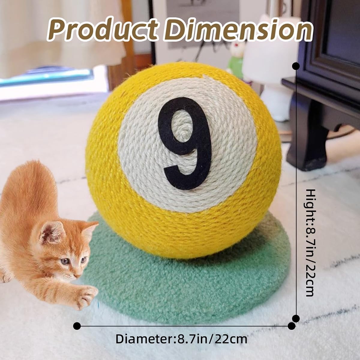ShadeMart 9-Ball Billiard Style Cat Scratcher, Premium Natural Sisal Chew Toy for Cats & Kittens