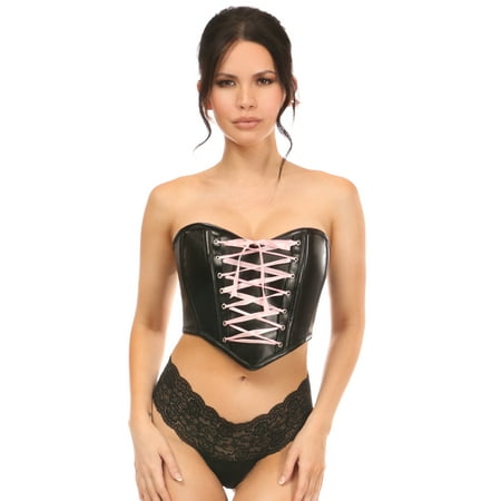 

Lavish Black Faux Leather With Pink Lace-Up Bustier