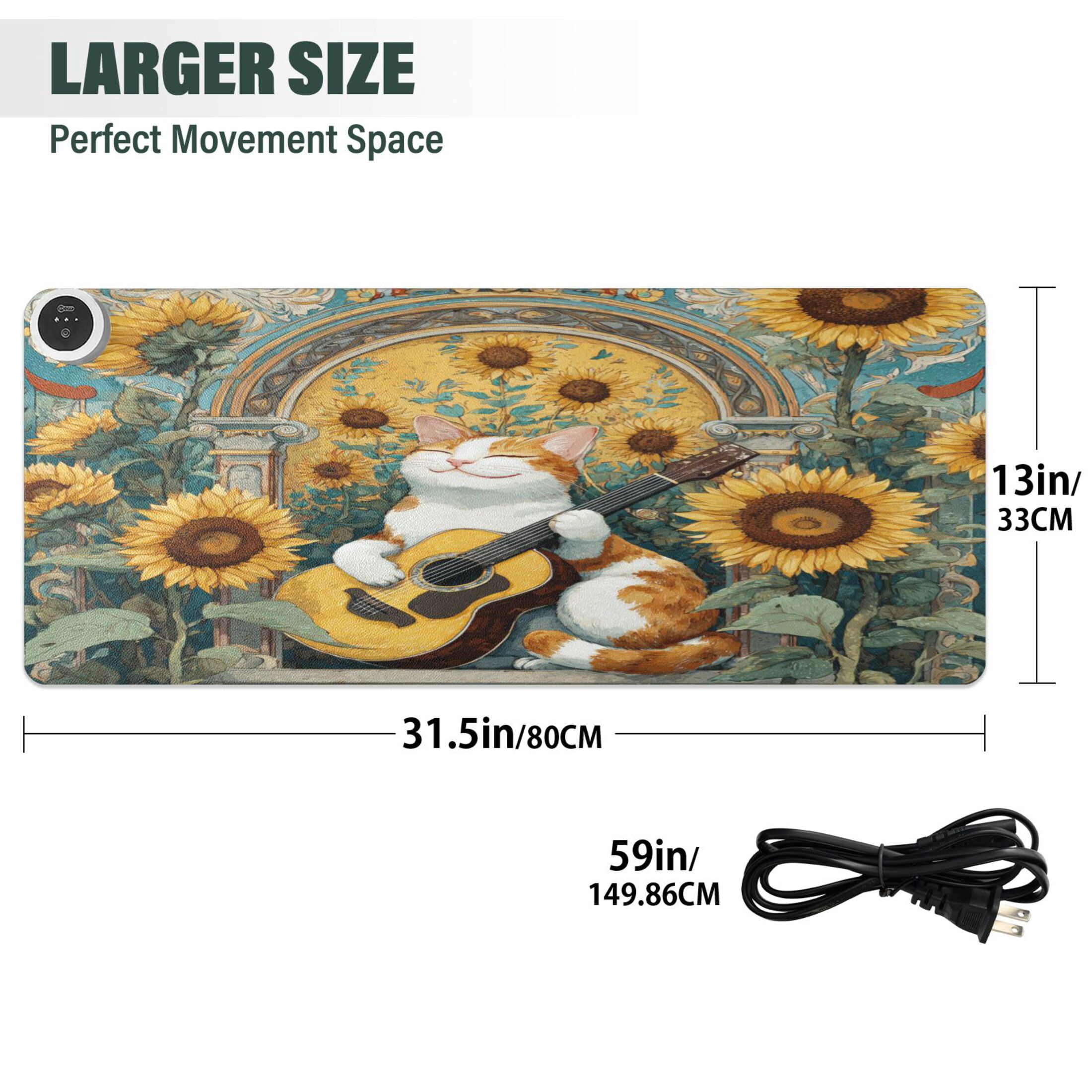 Large Heated Desk Mat Mouse Pad 31.5"x13"PU Leather Graphene Heating Desk Warmer with 3 Temperature Settings 110V US Plug Non-Slip Warm Pad for Home, Office, and Gaming Orange Cat Playing Guitar