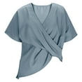 thumbnail image 3 of 2 Piece Linen Matching Sets for Women Plus Size V Neck Pleated Tops and Wide Leg Pants Vacation Outfits with Pocket Blue XXL, 3 of 9