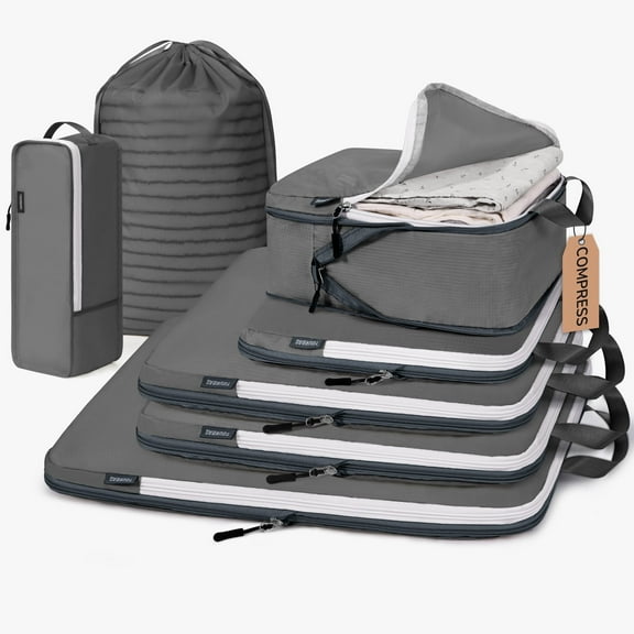 TIMEYARD 7 Set Compression Packing Cubes for Travel, Suitcase Organizer Bags Set for Luggage, Organizer Bags for Travel Accessories, Lightweight Travel Essentials, Gray