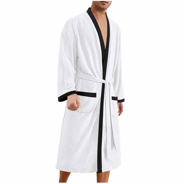 LNWUY Mens Waffle Robes Lightweight Soft Comfortable Sleepwear Solid Color V Neck Oversized Casual Loungewear Bathrobe Robe White L