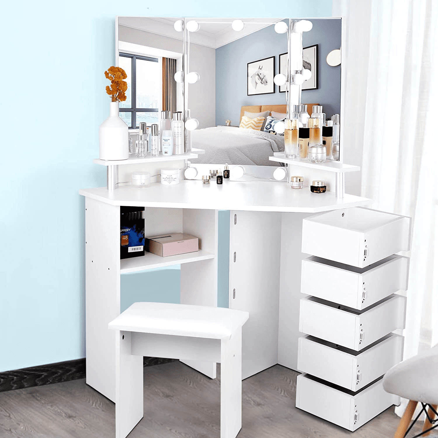 Details about   White+Gold Makeup Vanity Set Dressing Table with 9 Bulbs& 2 Drawers for Bedroom 