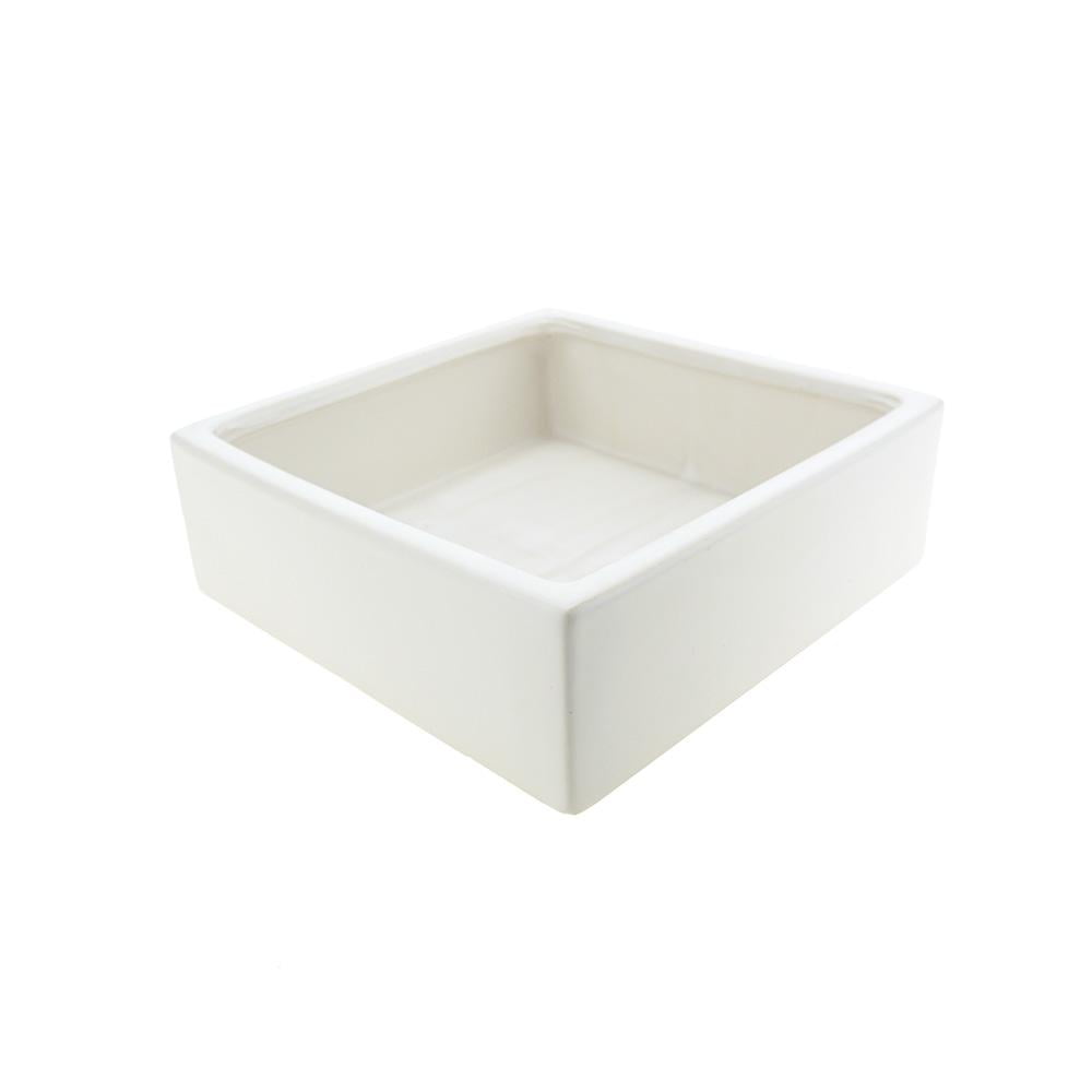 Wide Square Ceramic Vase, White, 83/4Inch